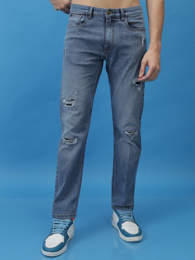 Purple By Highlander Men Blue Straight Fit Highly Distressed Stretchable Jeans - Blue - Image 1