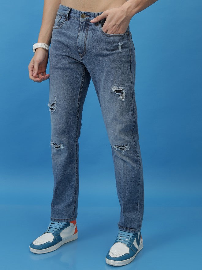 Purple By Highlander Men Blue Straight Fit Highly Distressed Stretchable Jeans - Blue - Image 4