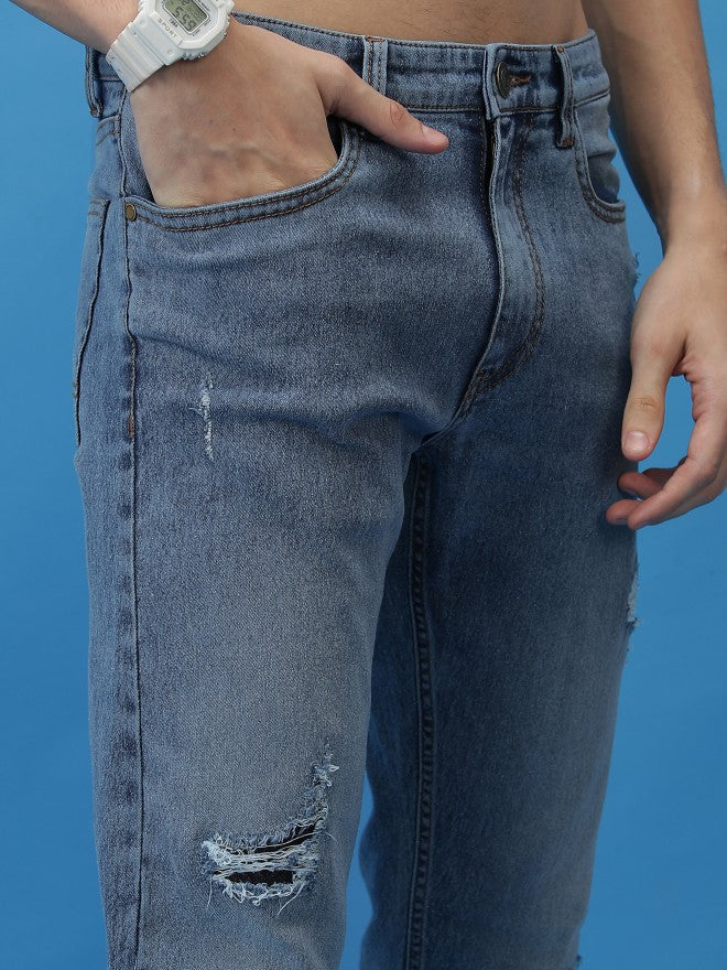 Purple By Highlander Men Blue Straight Fit Highly Distressed Stretchable Jeans - Blue - Image 5