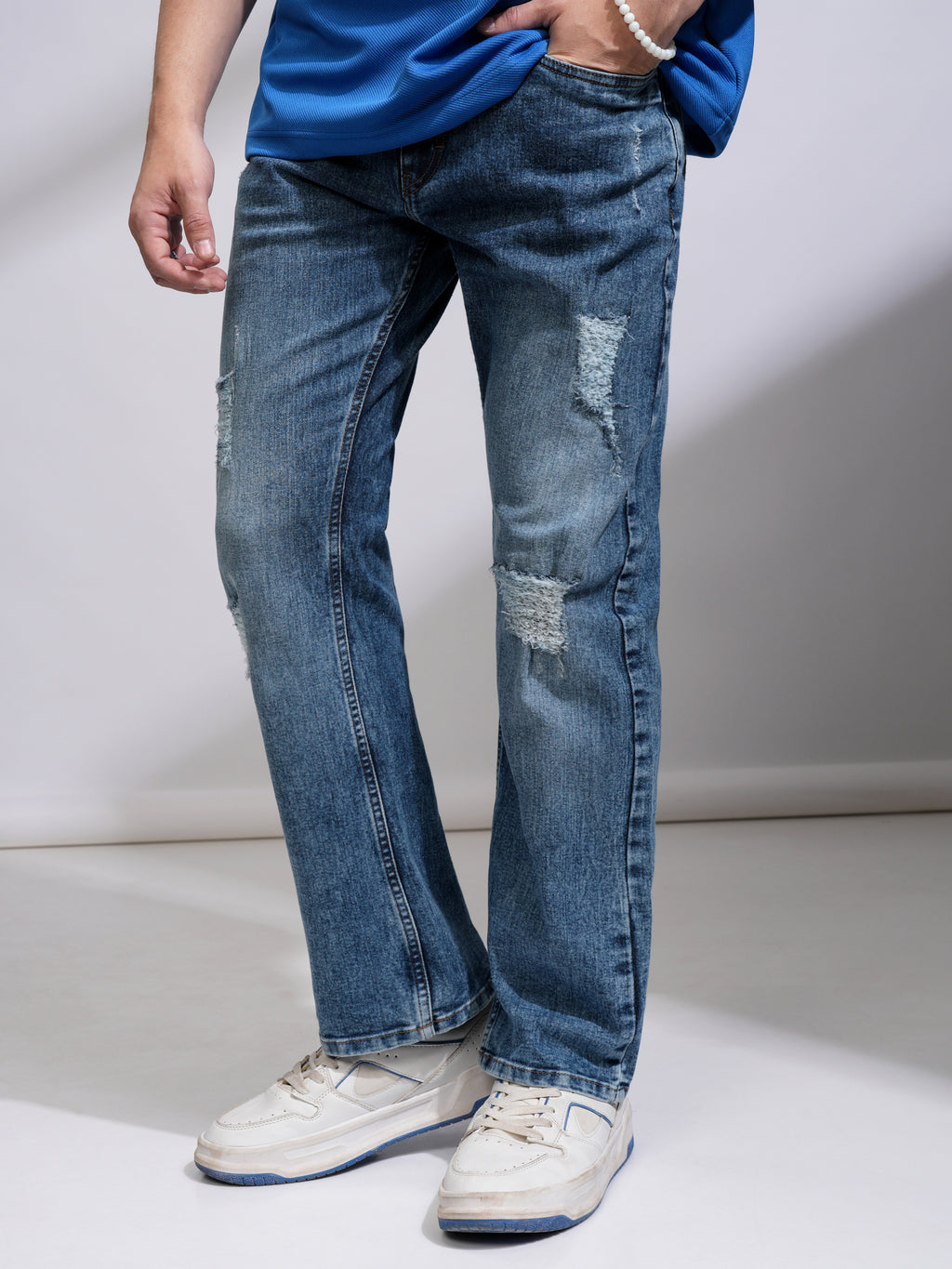 Purple By Highlander Men Blue Bootcut Highly Distressed Stretchable Jeans - Blue - Image 1