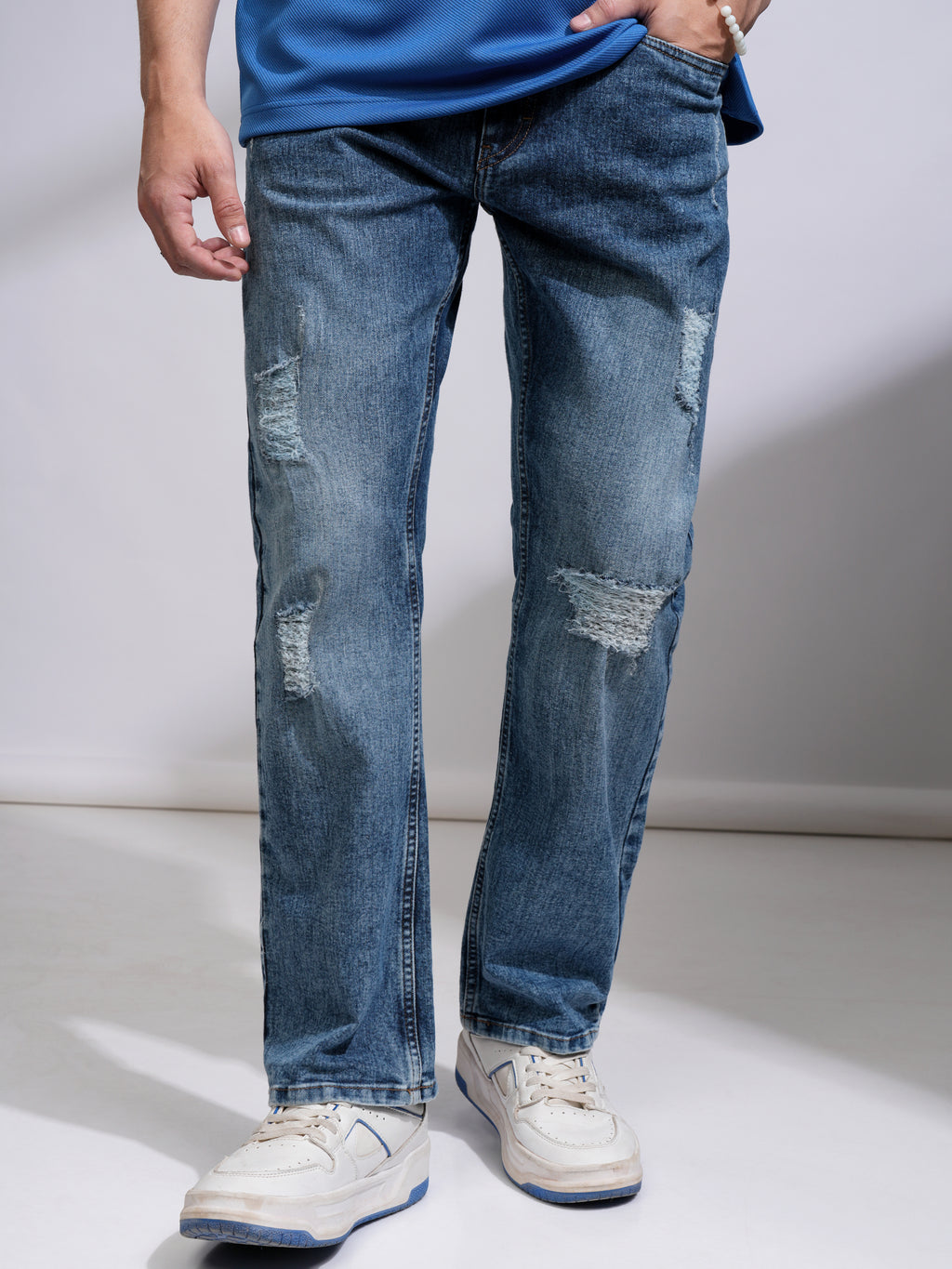 Purple By Highlander Men Blue Bootcut Highly Distressed Stretchable Jeans - Blue - Image 4