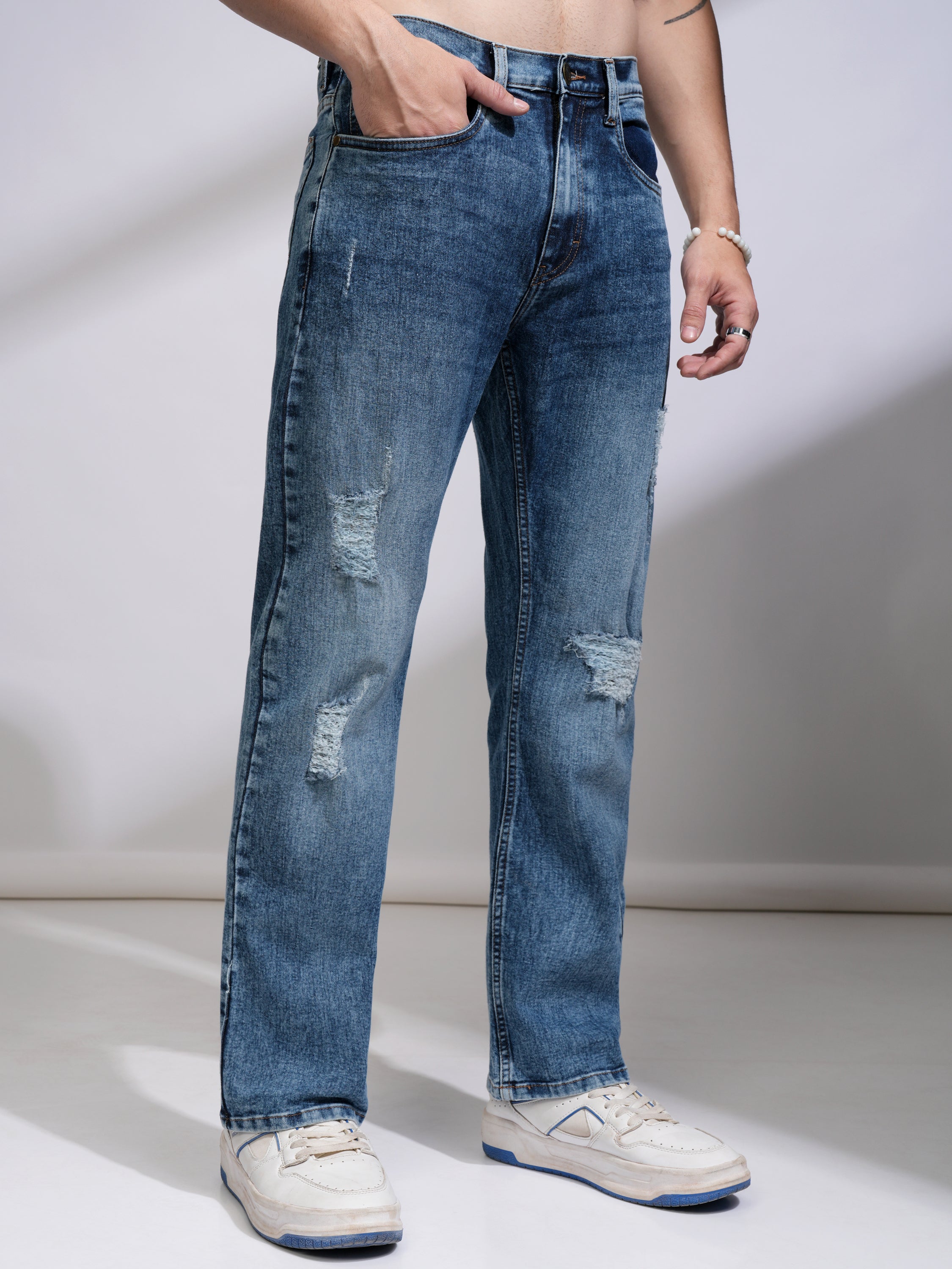 Purple By Highlander Men Blue Bootcut Highly Distressed Stretchable Jeans - Blue - Image 6