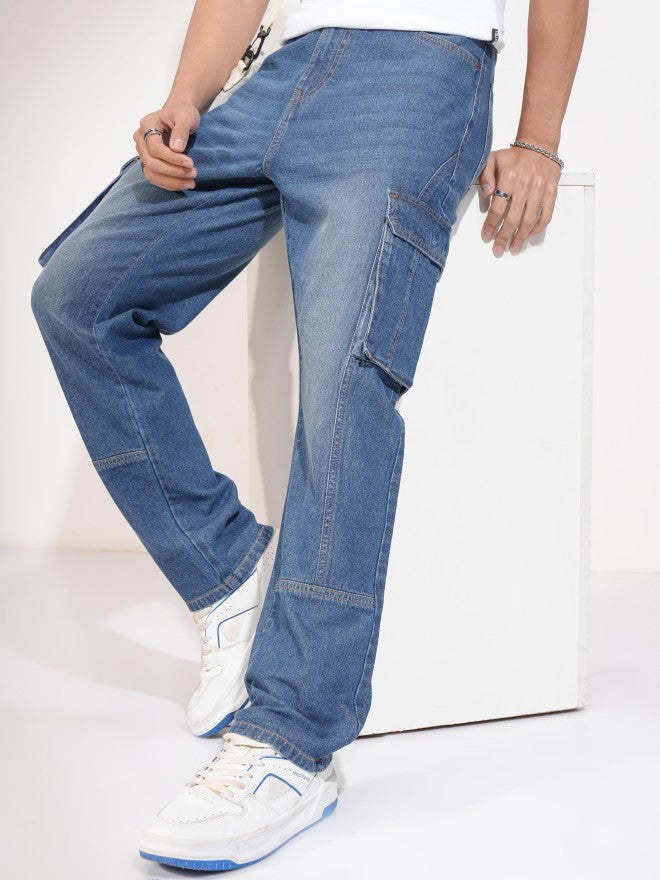 Highlander Men Blue Straight Fit Cargo Jeans - Blue - Image 1