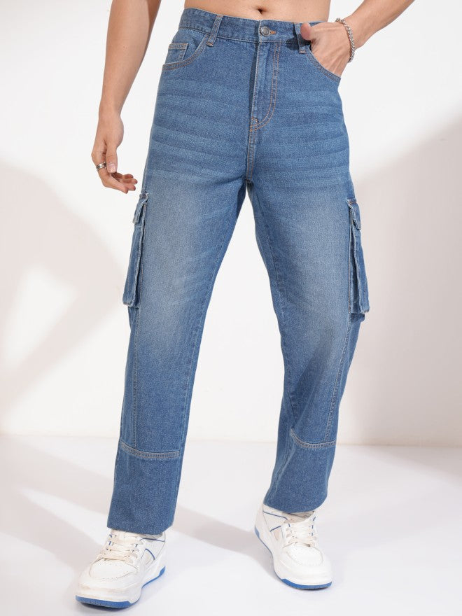 Highlander Men Blue Straight Fit Cargo Jeans - Blue - Image 4