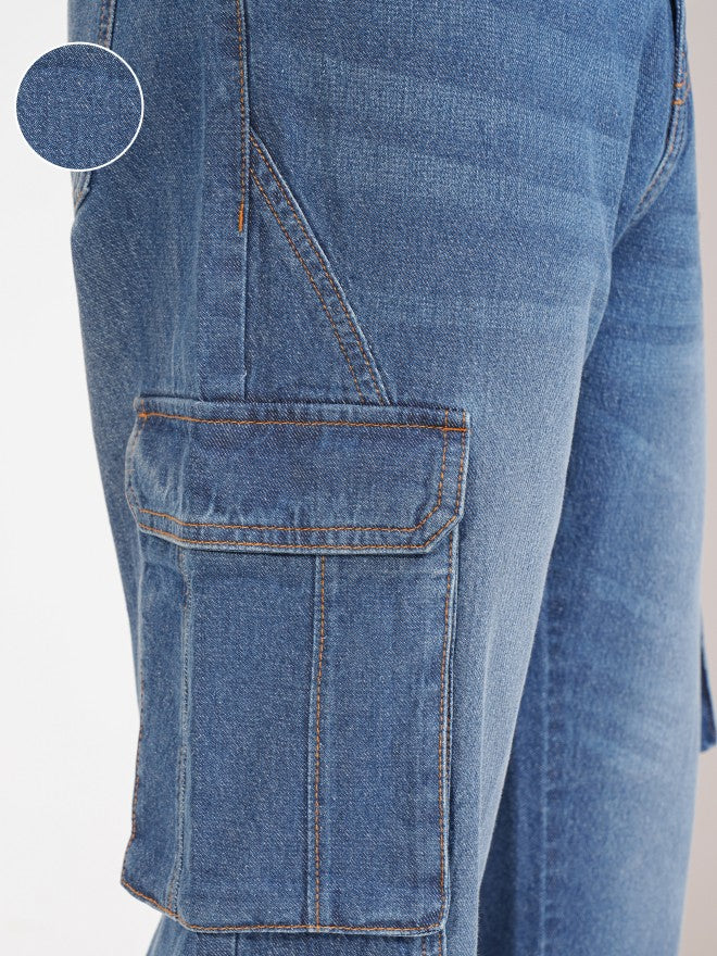 Highlander Men Blue Straight Fit Cargo Jeans - Blue - Image 5