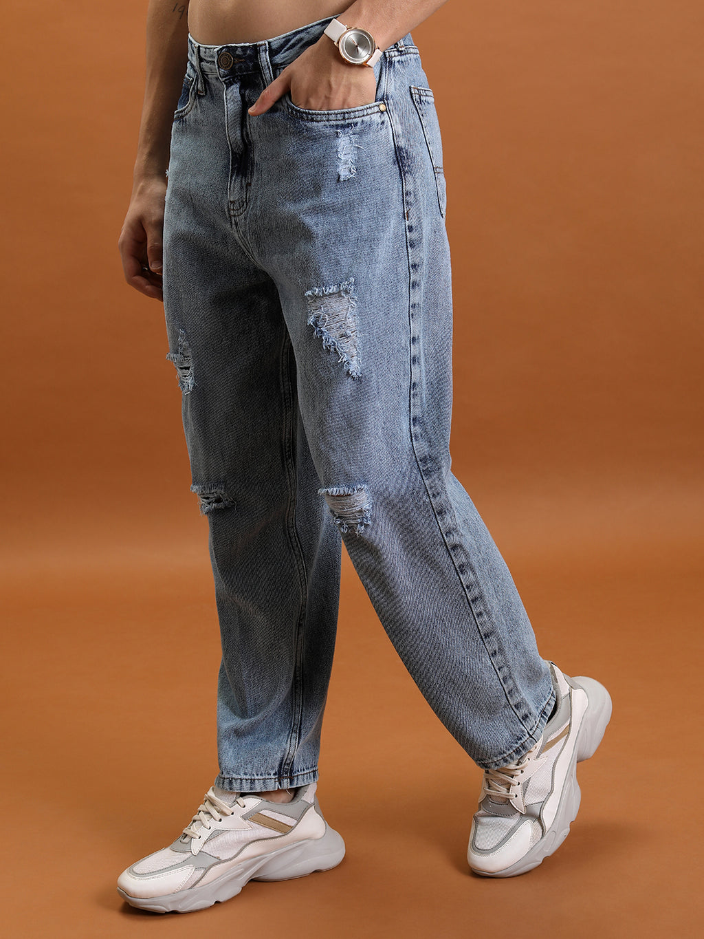 Purple By Highlander Men Blue Loose Fit Highly Distressed  Jeans - Blue - Image 4