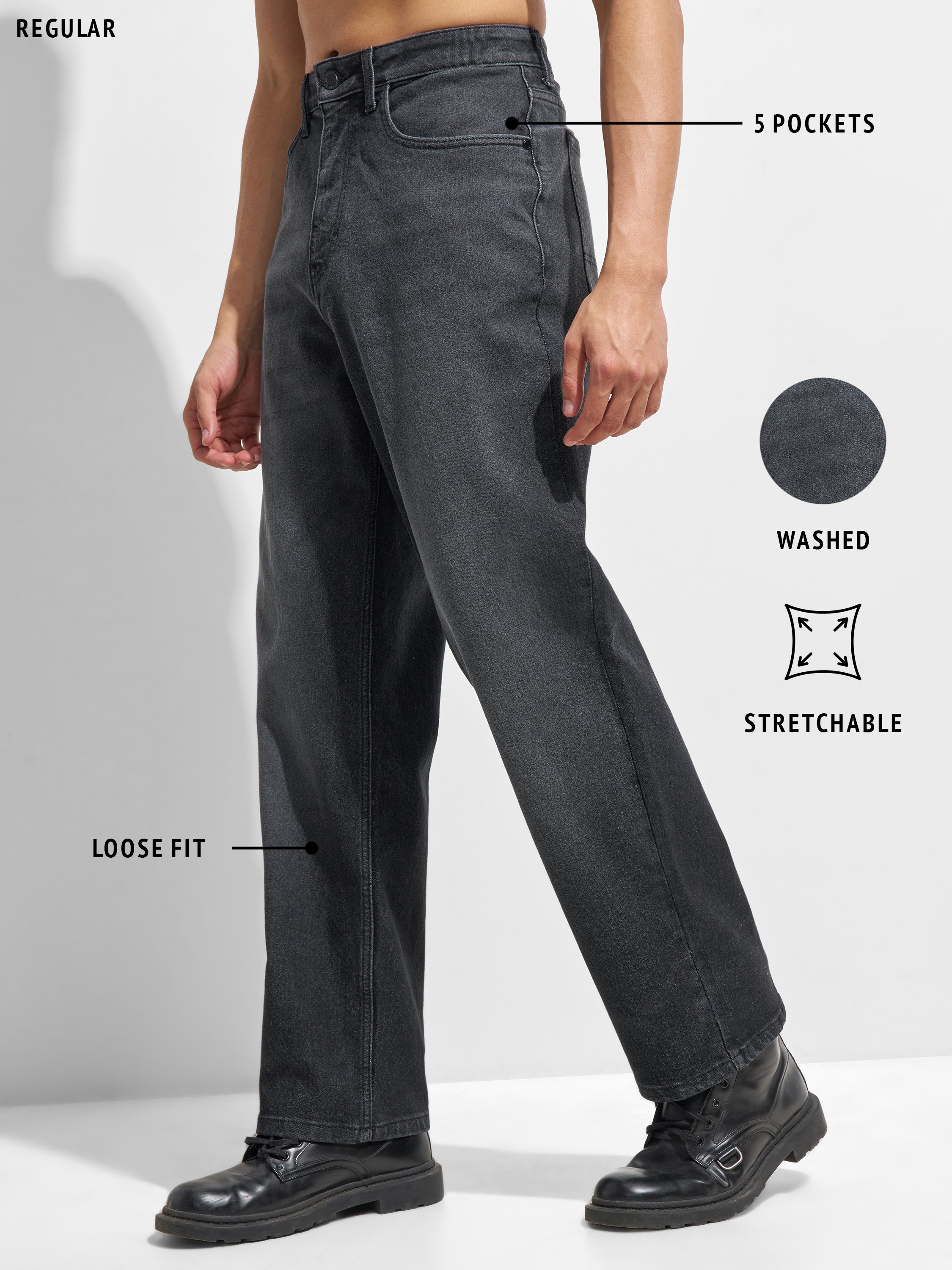 Highlander Men Black Baggy Fit Stretchable Jeans