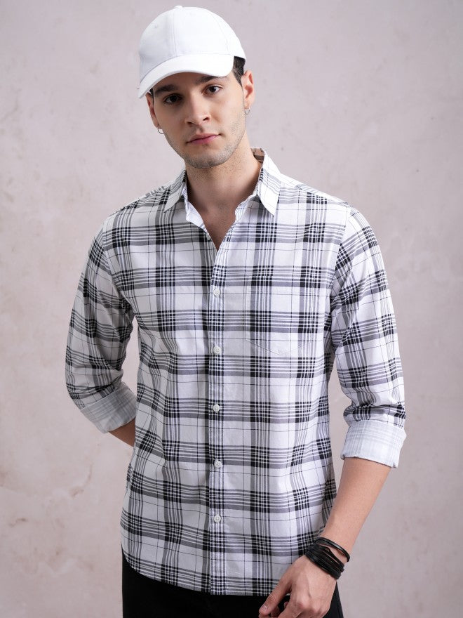 Highlander Men White Checked Slim Fit Casual Shirt - White - Image 1