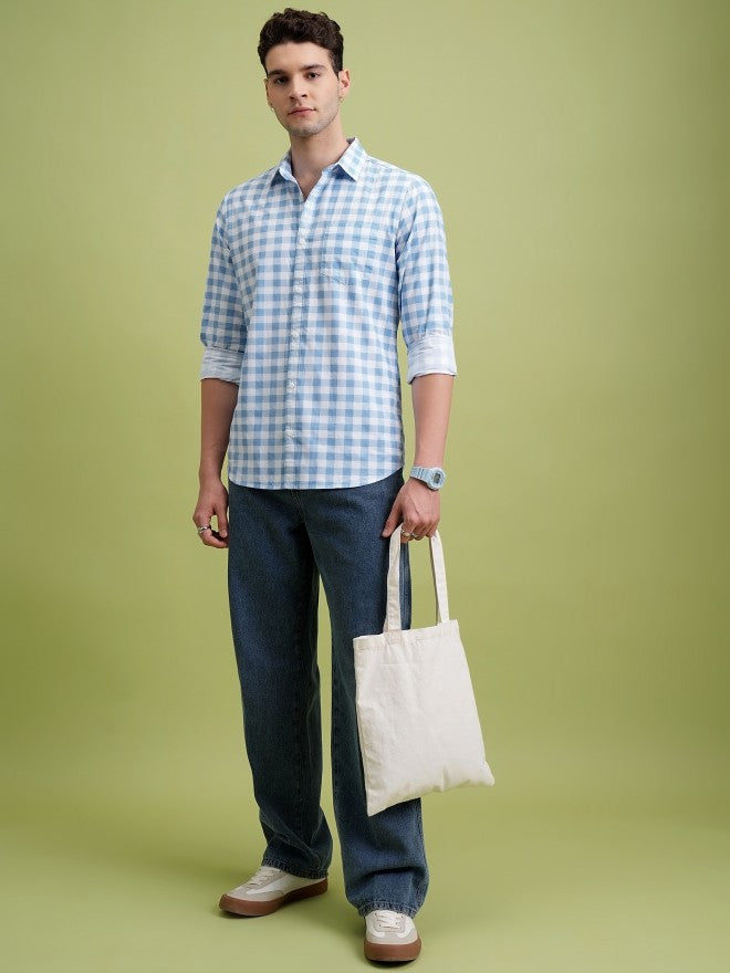 Highlander Men Blue Checked Slim Fit Casual Shirt - Blue - Image 2