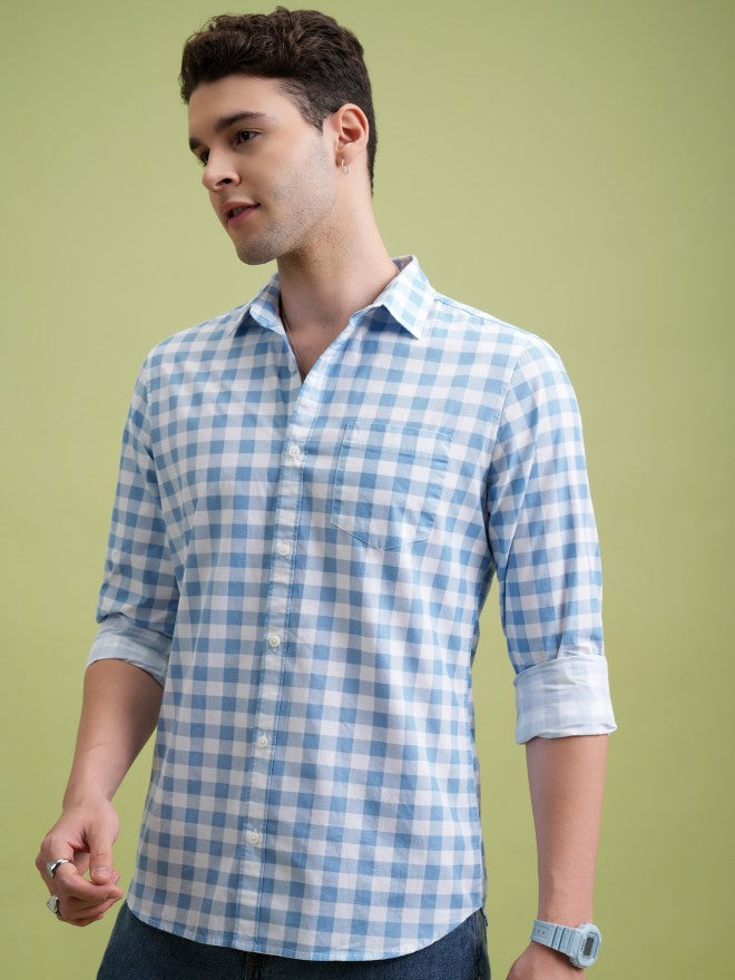 Highlander Men Blue Checked Slim Fit Casual Shirt - Blue - Image 4
