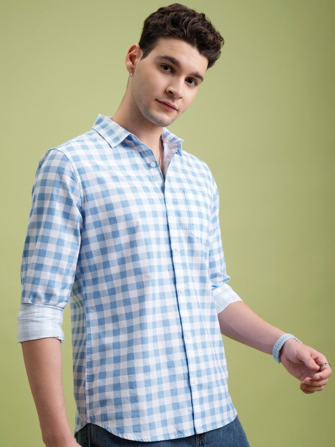 Highlander Men Blue Checked Slim Fit Casual Shirt - Blue - Image 6