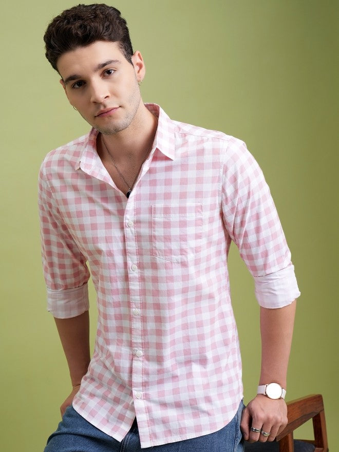 Highlander Men Pink Checked Slim Fit Casual Shirt - Pink - Image 1