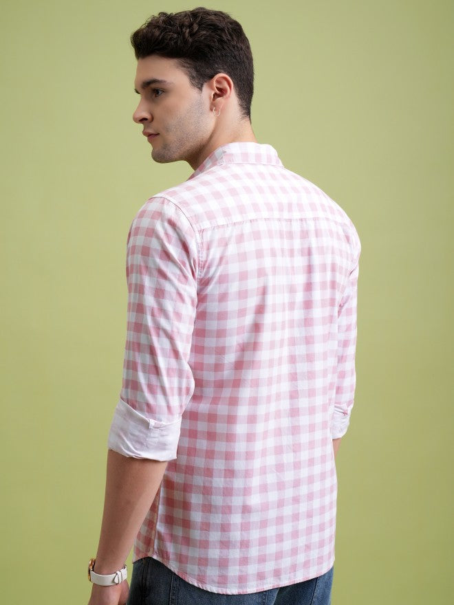 Highlander Men Pink Checked Slim Fit Casual Shirt - Pink - Image 3