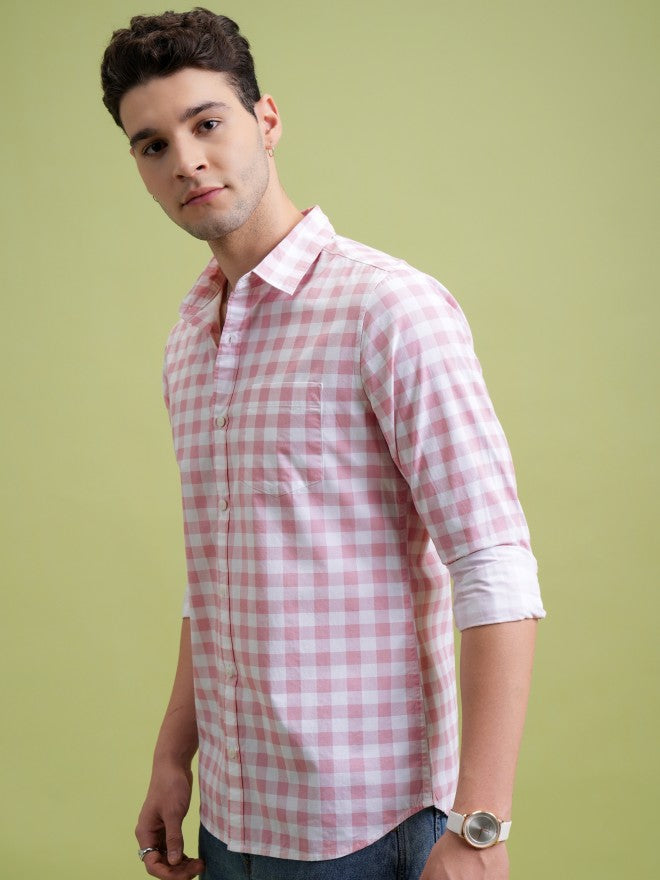 Highlander Men Pink Checked Slim Fit Casual Shirt - Pink - Image 4