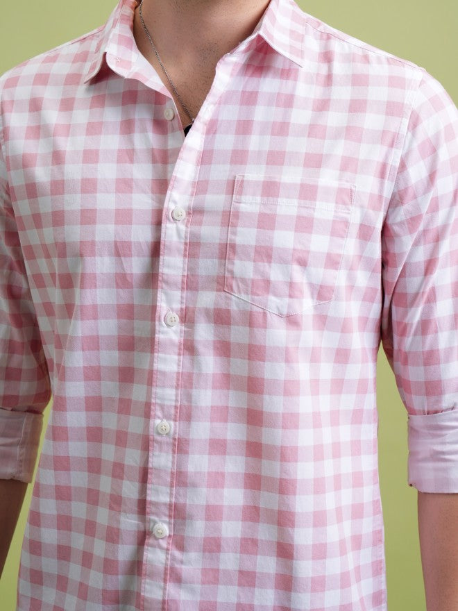 Highlander Men Pink Checked Slim Fit Casual Shirt - Pink - Image 5