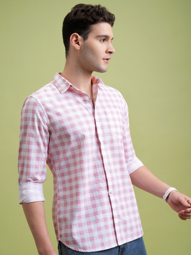 Highlander Men Pink Checked Slim Fit Casual Shirt - Pink - Image 6