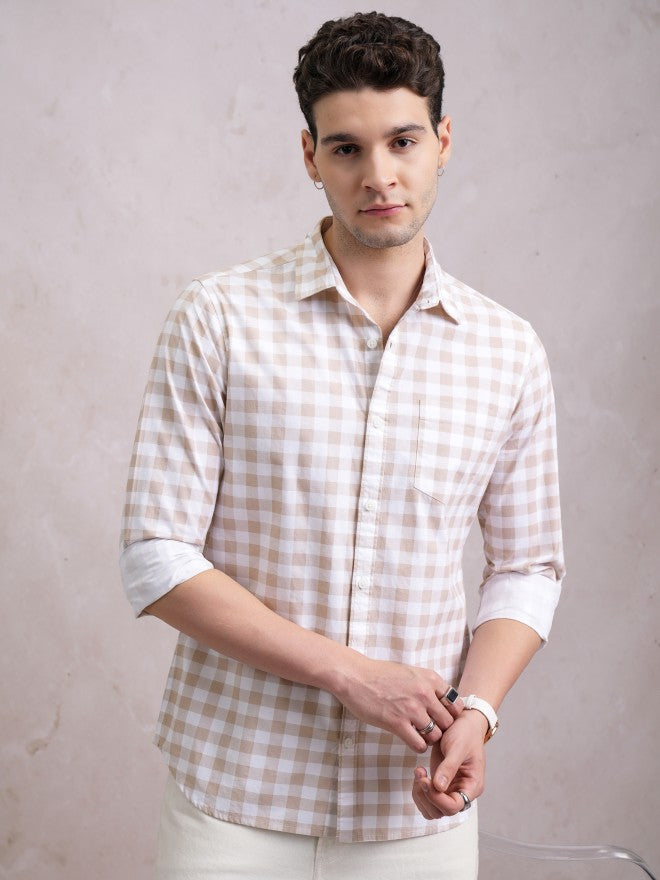 Highlander Men Beige Checked Slim Fit Casual Shirt - Beige - Image 1