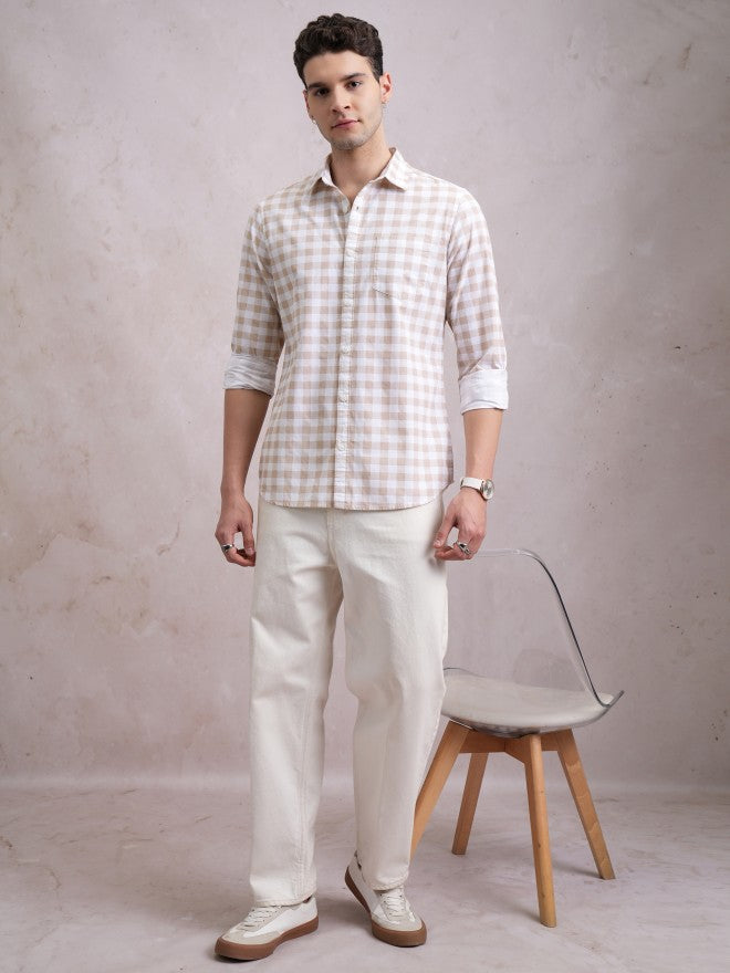 Highlander Men Beige Checked Slim Fit Casual Shirt - Beige - Image 2