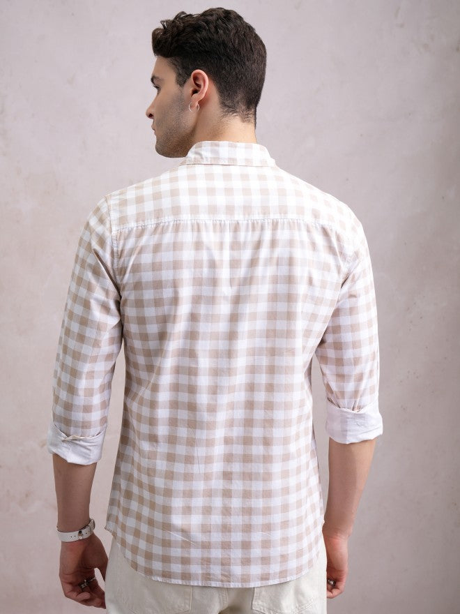 Highlander Men Beige Checked Slim Fit Casual Shirt - Beige - Image 3