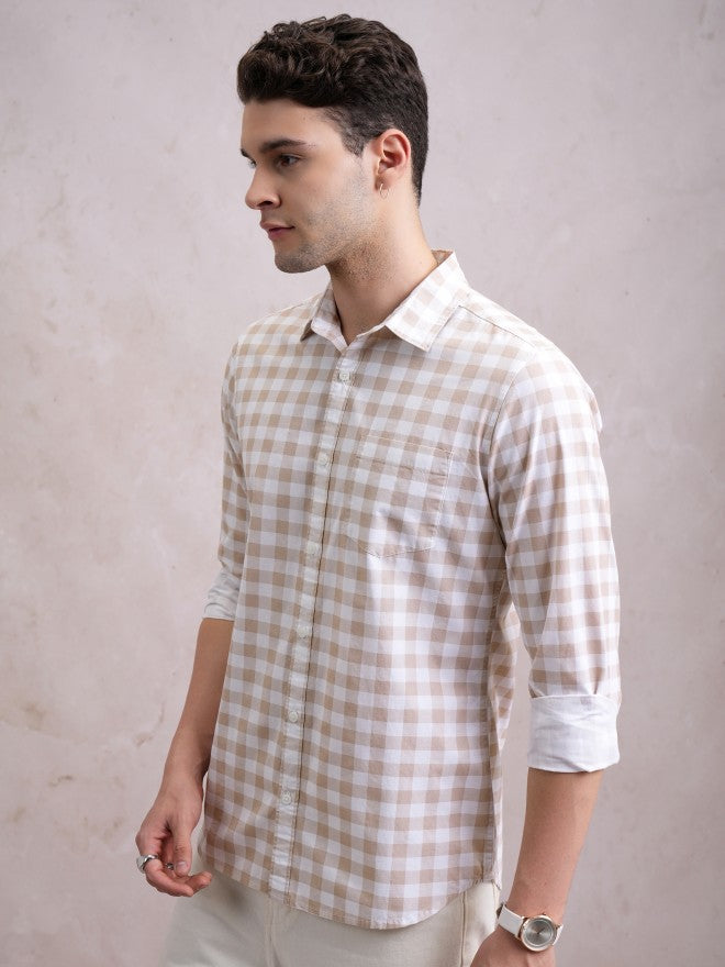 Highlander Men Beige Checked Slim Fit Casual Shirt - Beige - Image 4