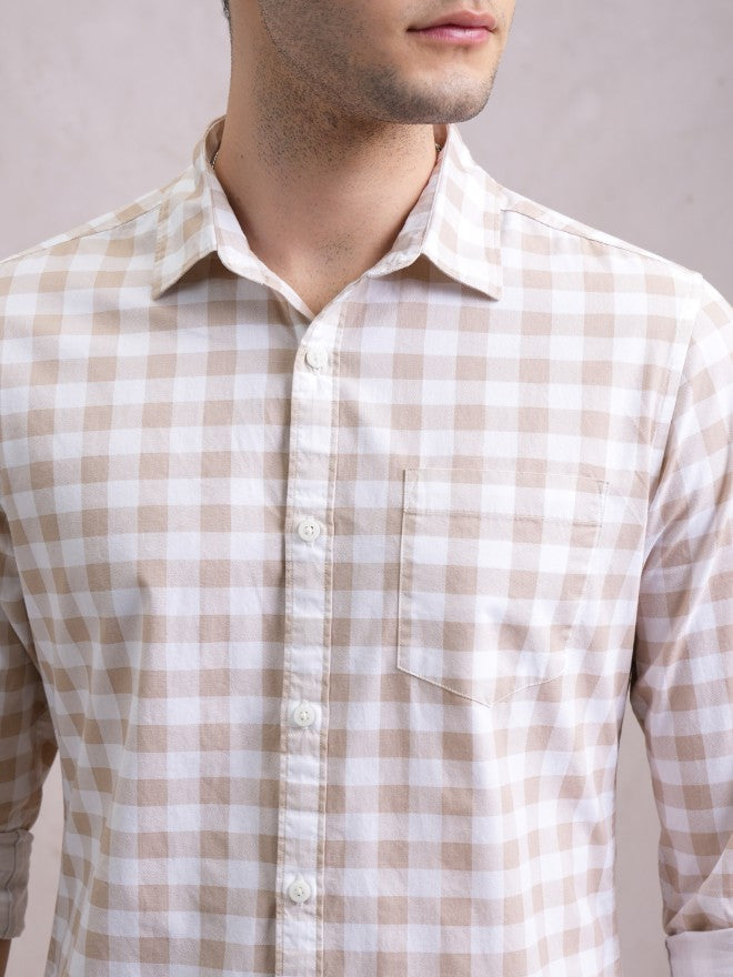 Highlander Men Beige Checked Slim Fit Casual Shirt - Beige - Image 5