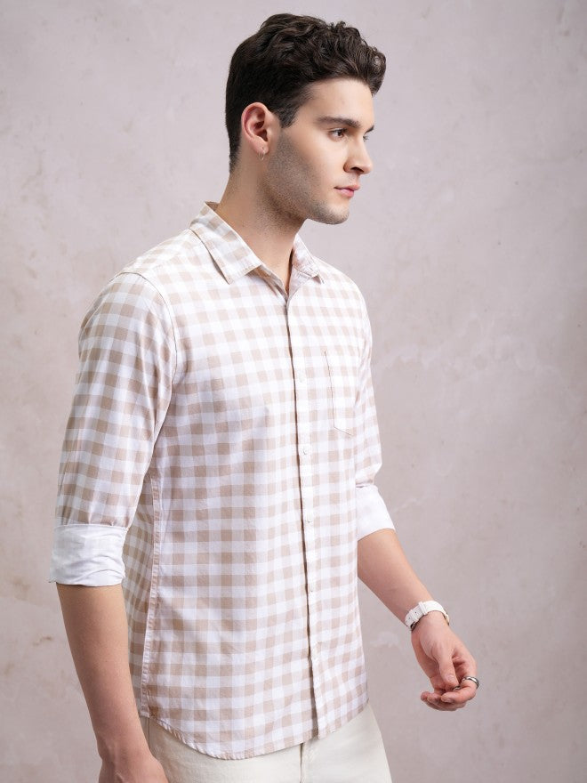 Highlander Men Beige Checked Slim Fit Casual Shirt - Beige - Image 6