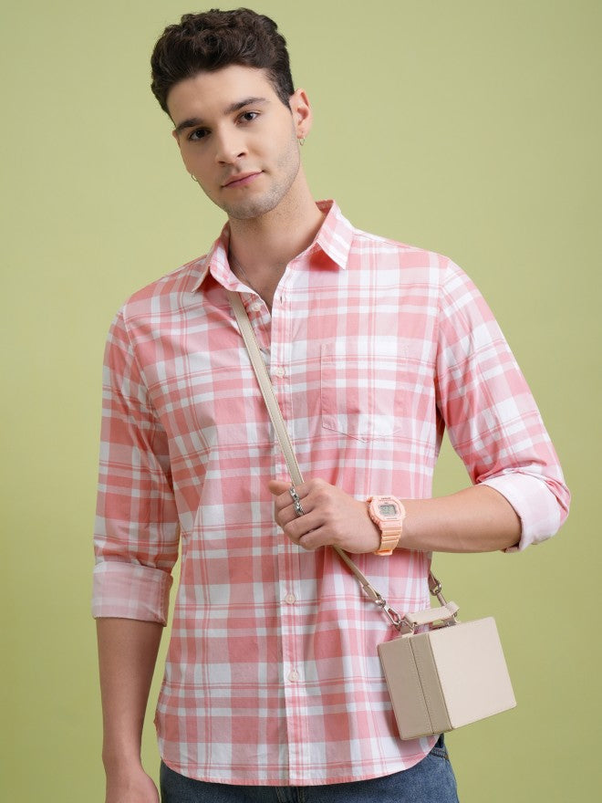 Highlander Men Pink Checked Slim Fit Casual Shirt - Pink - Image 1