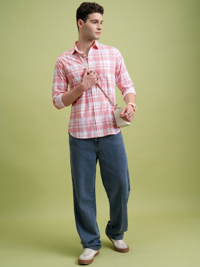Highlander Men Pink Checked Slim Fit Casual Shirt - Pink - Image 2