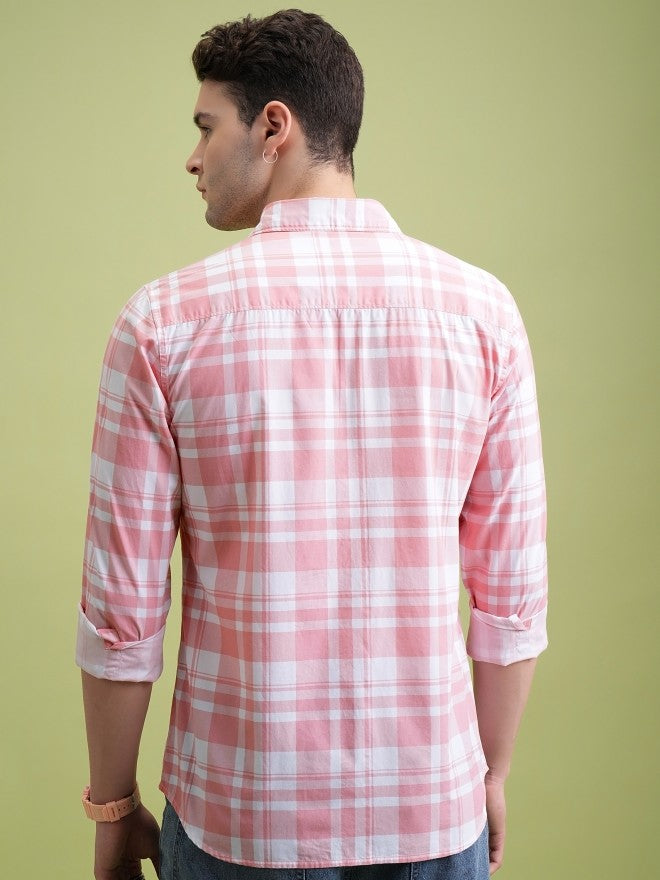 Highlander Men Pink Checked Slim Fit Casual Shirt - Pink - Image 3