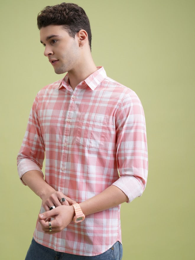 Highlander Men Pink Checked Slim Fit Casual Shirt - Pink - Image 4