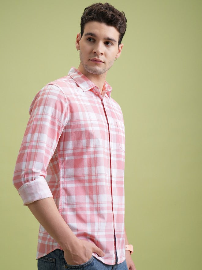 Highlander Men Pink Checked Slim Fit Casual Shirt - Pink - Image 6
