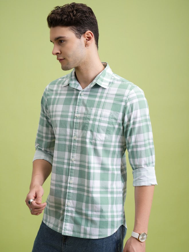 Highlander Men Green Checked Slim Fit Casual Shirt - Green - Image 4