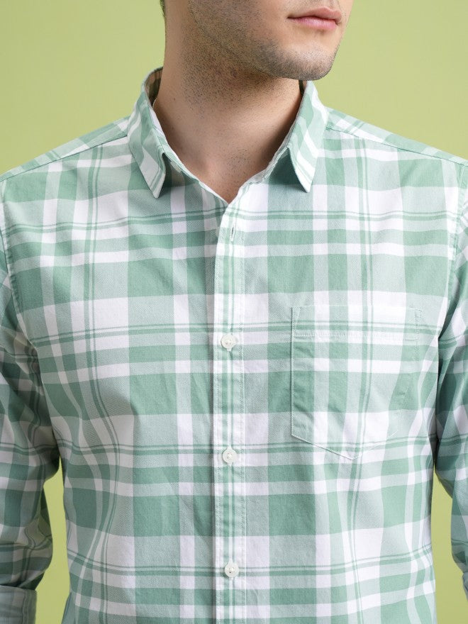 Highlander Men Green Checked Slim Fit Casual Shirt - Green - Image 5