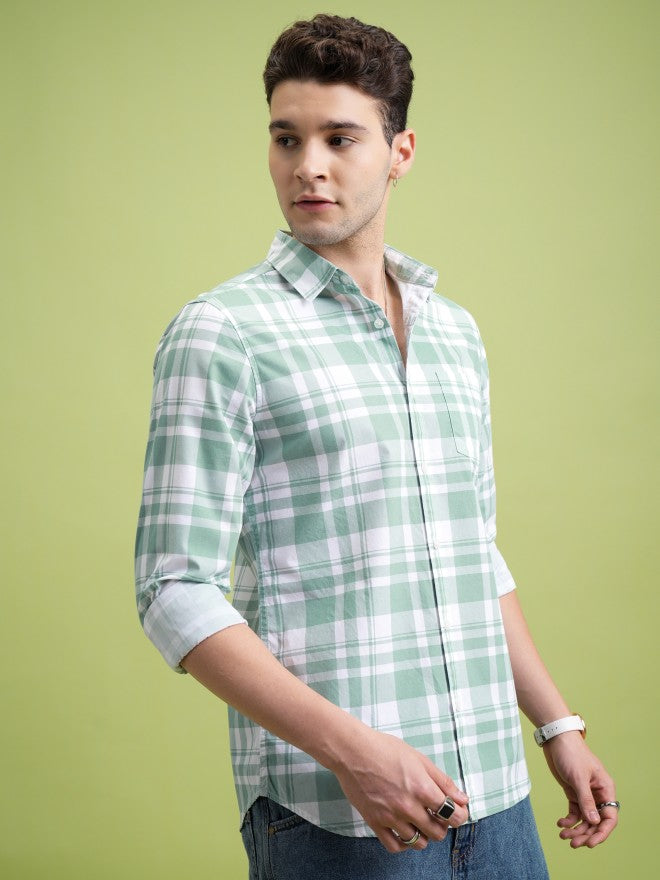 Highlander Men Green Checked Slim Fit Casual Shirt - Green - Image 6