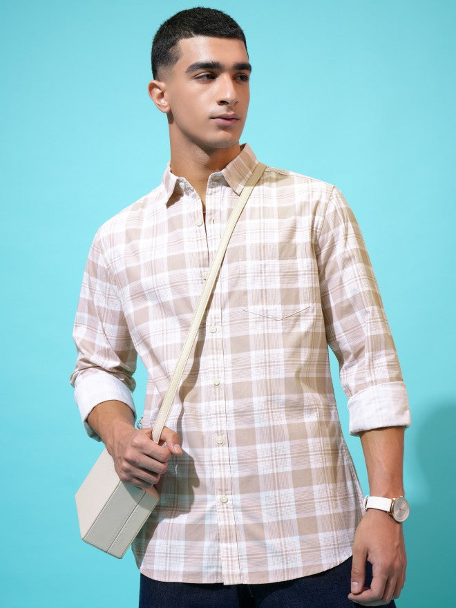 Highlander Men Beige Checked Slim Fit Casual Shirt - Beige - Image 1