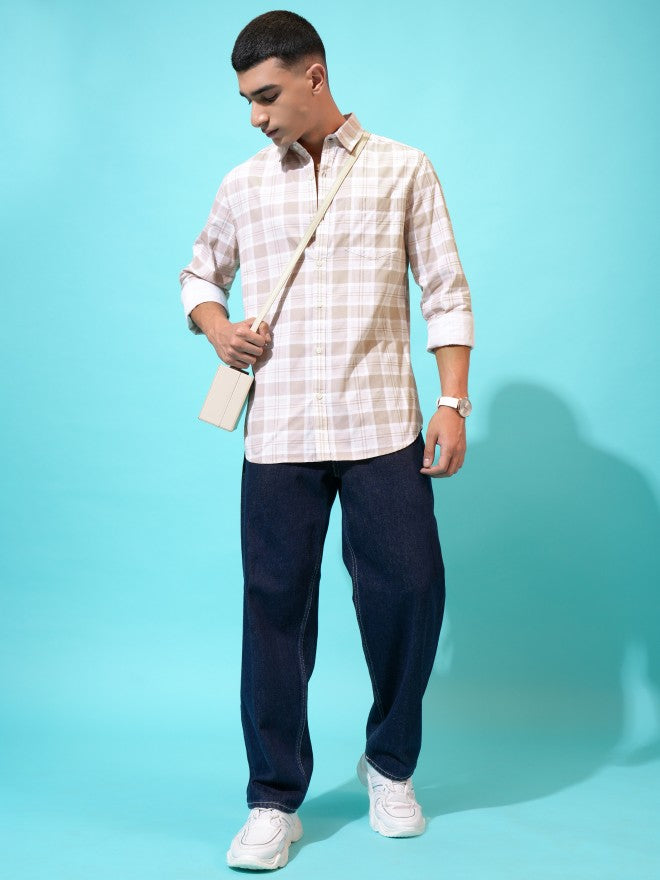 Highlander Men Beige Checked Slim Fit Casual Shirt - Beige - Image 2