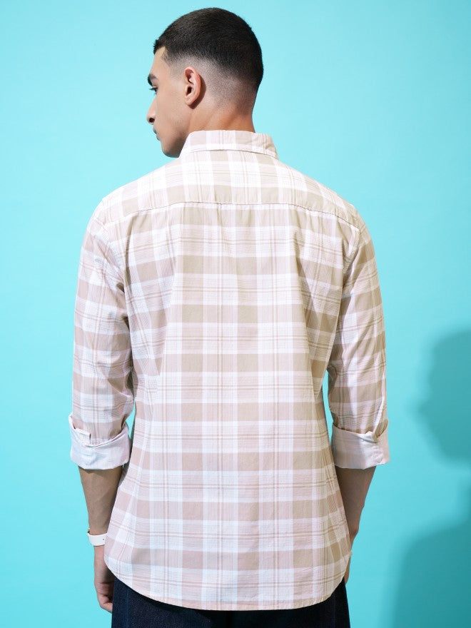 Highlander Men Beige Checked Slim Fit Casual Shirt - Beige - Image 3