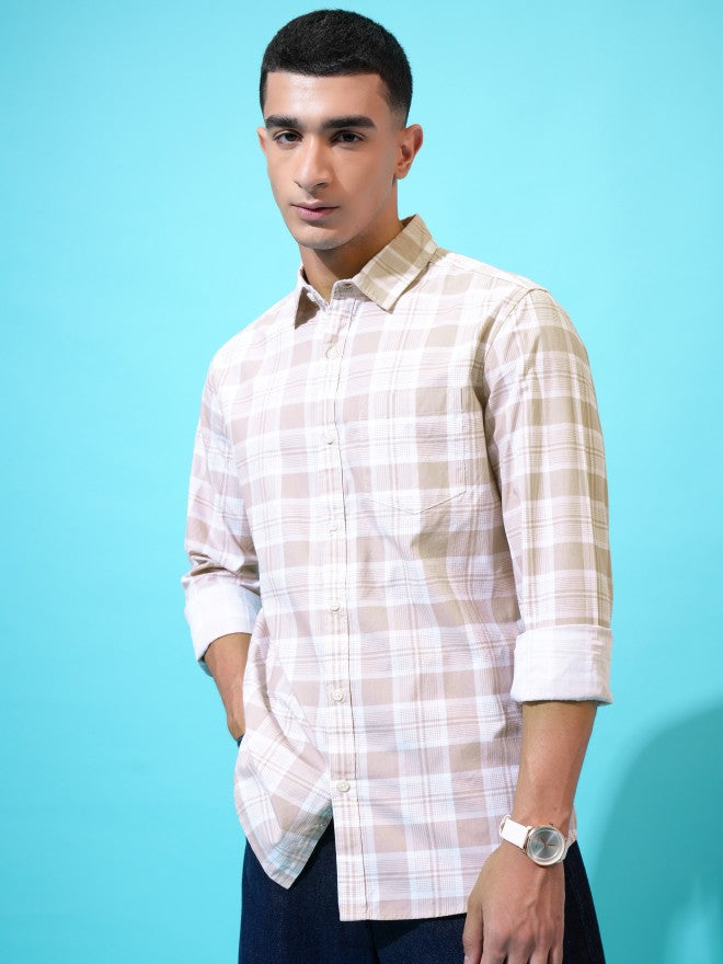 Highlander Men Beige Checked Slim Fit Casual Shirt - Beige - Image 4