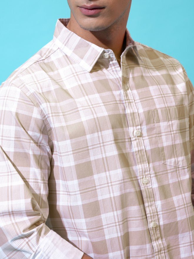 Highlander Men Beige Checked Slim Fit Casual Shirt - Beige - Image 5