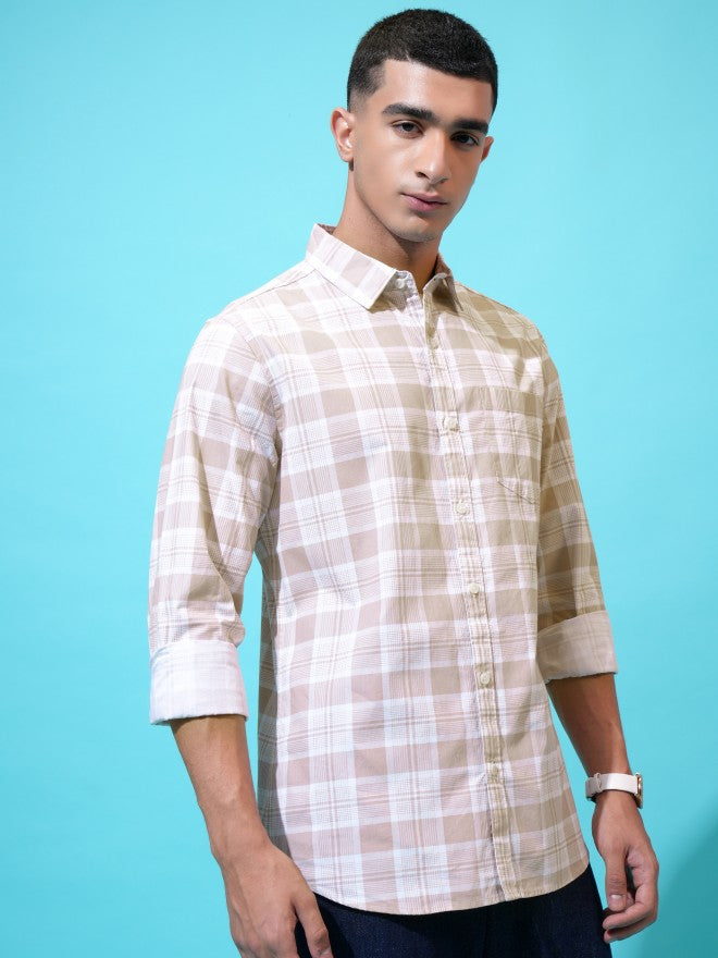 Highlander Men Beige Checked Slim Fit Casual Shirt - Beige - Image 6