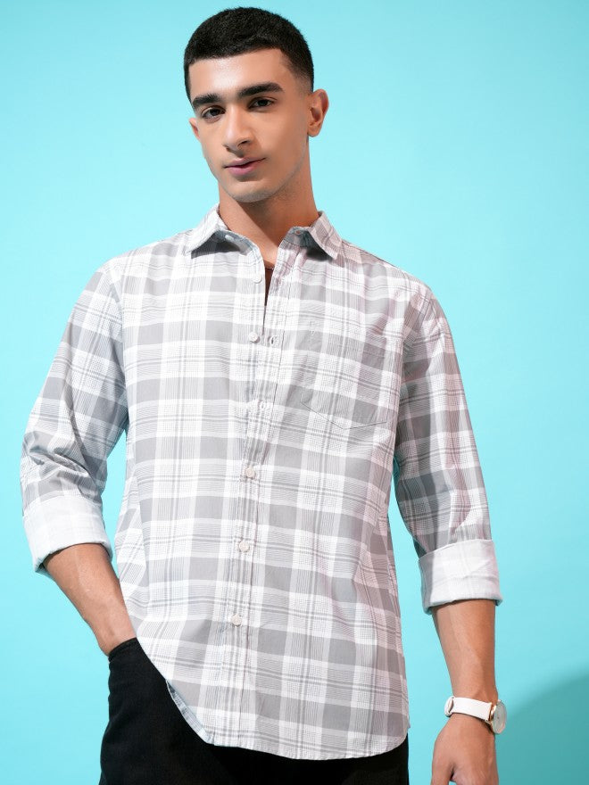 Highlander Men Grey Checked Slim Fit Casual Shirt - Grey - Image 1