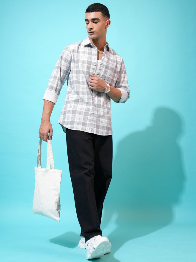 Highlander Men Grey Checked Slim Fit Casual Shirt - Grey - Image 2