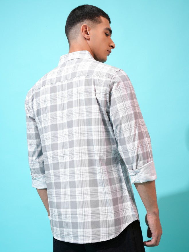 Highlander Men Grey Checked Slim Fit Casual Shirt - Grey - Image 3