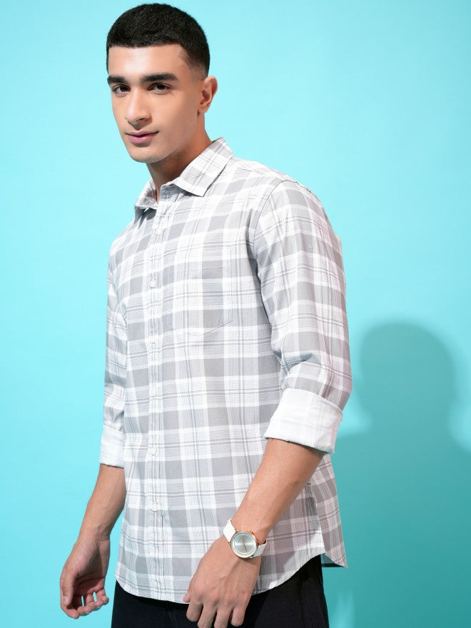 Highlander Men Grey Checked Slim Fit Casual Shirt - Grey - Image 4