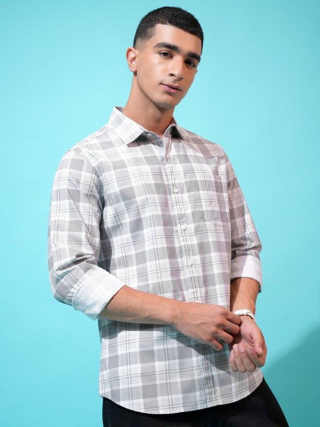 Highlander Men Grey Checked Slim Fit Casual Shirt - Grey - Image 6