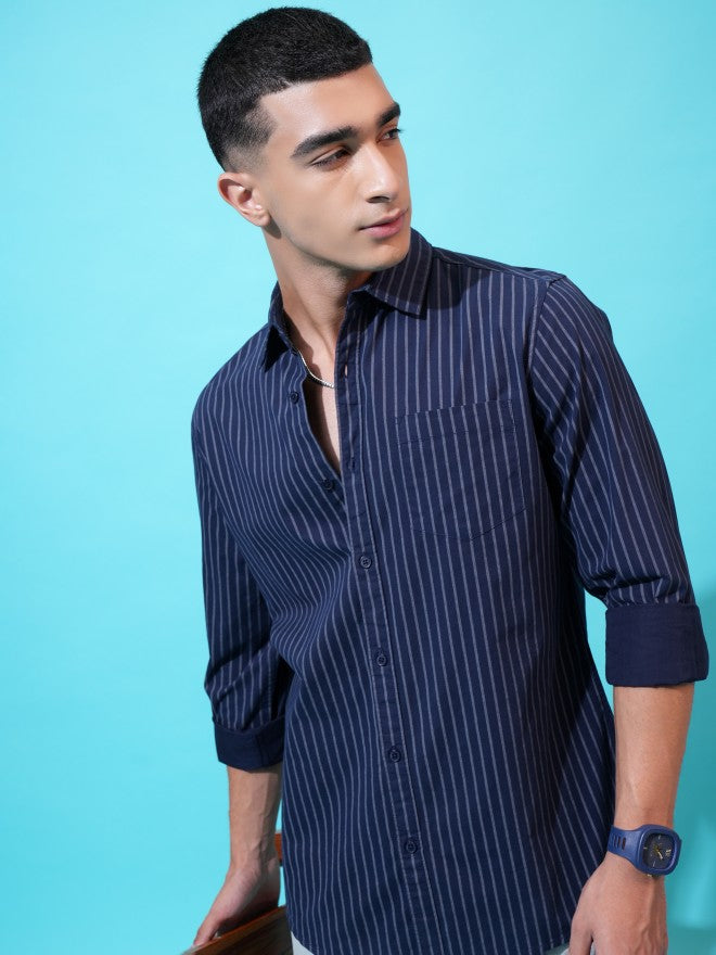 Highlander Men Navy Blue Striped Slim Fit Casual Shirt - Navy Blue - Image 1
