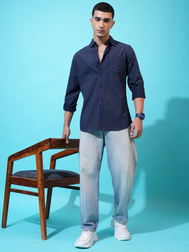 Highlander Men Navy Blue Striped Slim Fit Casual Shirt - Navy Blue - Image 2