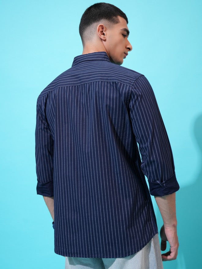 Highlander Men Navy Blue Striped Slim Fit Casual Shirt - Navy Blue - Image 3