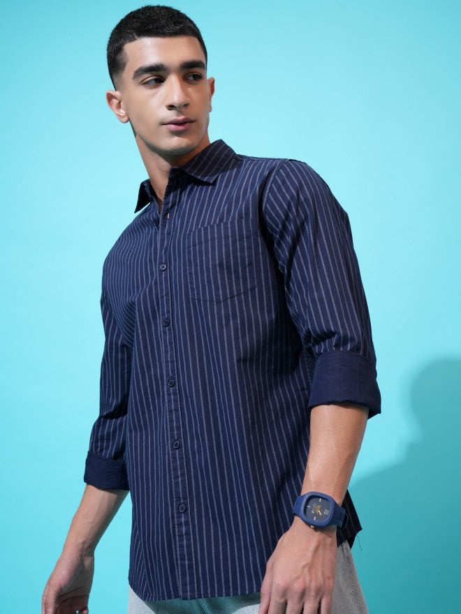 Highlander Men Navy Blue Striped Slim Fit Casual Shirt - Navy Blue - Image 4