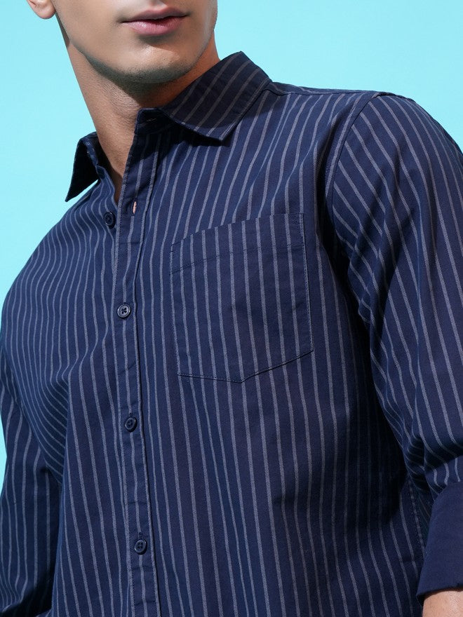 Highlander Men Navy Blue Striped Slim Fit Casual Shirt - Navy Blue - Image 5